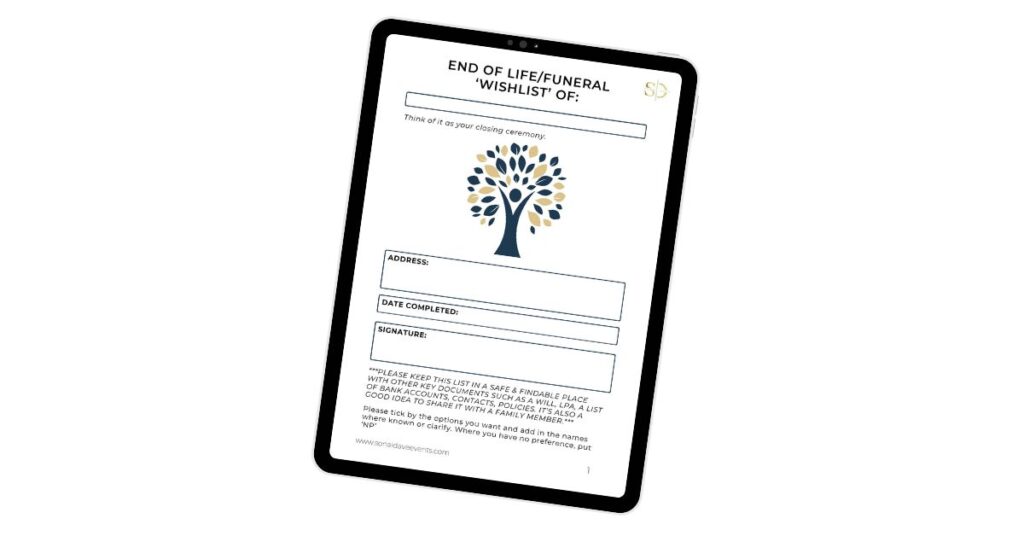 funeral wishlist document shown on a tablet