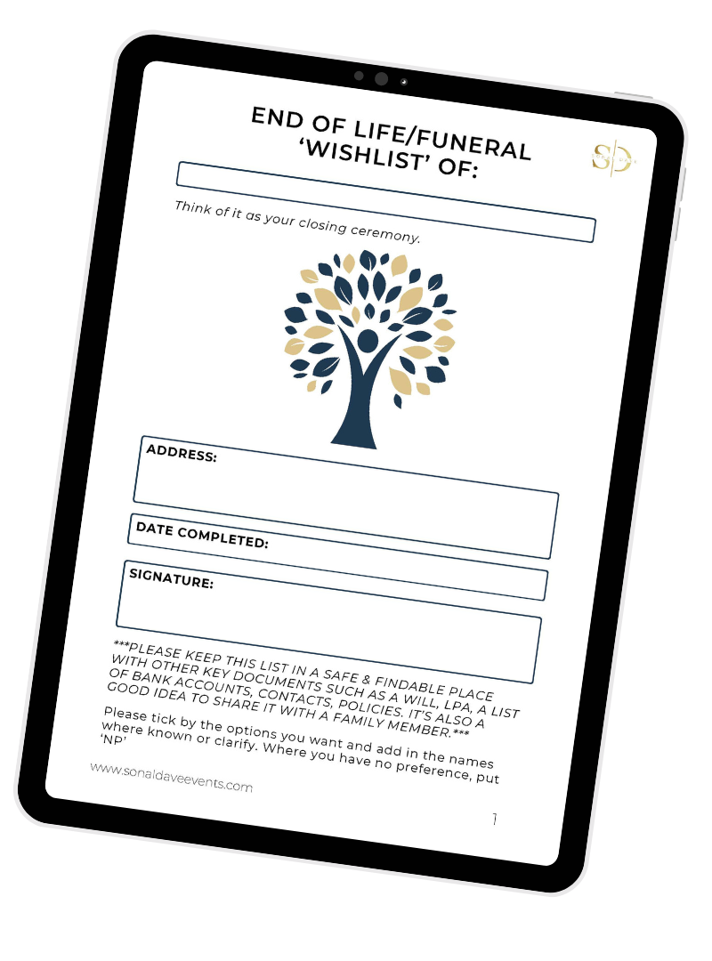 Funeral wishlist download shown on a tablet