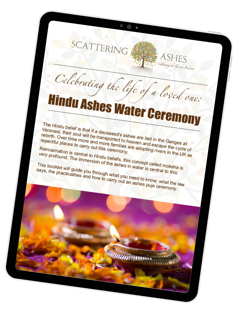 Hindu Ashes Water Ceremony PDF download shown on tablet<br />
